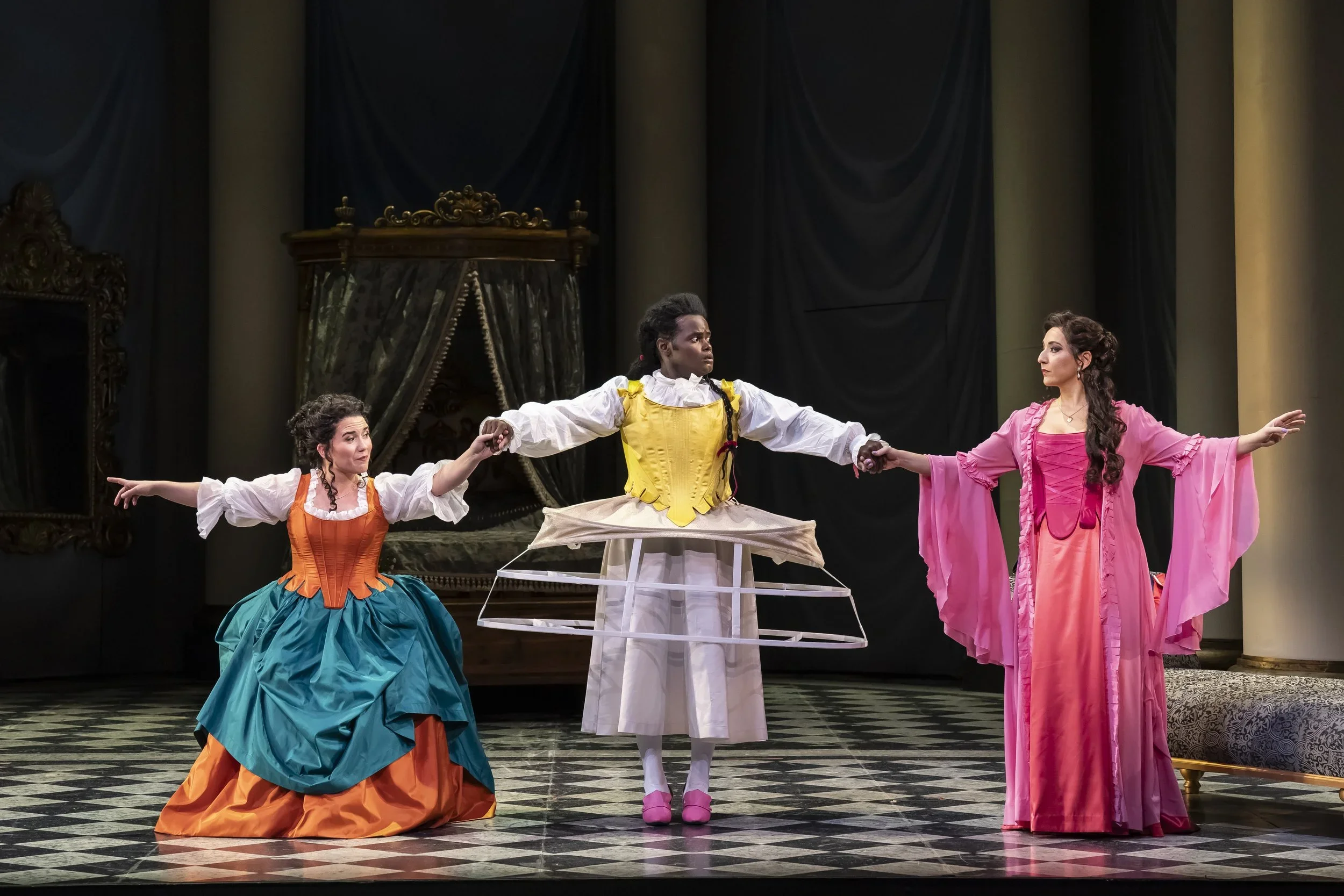 Susanna (Joélle Harvey) and Countess Almaviva (Rosa Feola) prepare Cherubino (John Holiday) to appear as a woman. Photo by Scott Suchman; courtesy of Washington National Opera.
