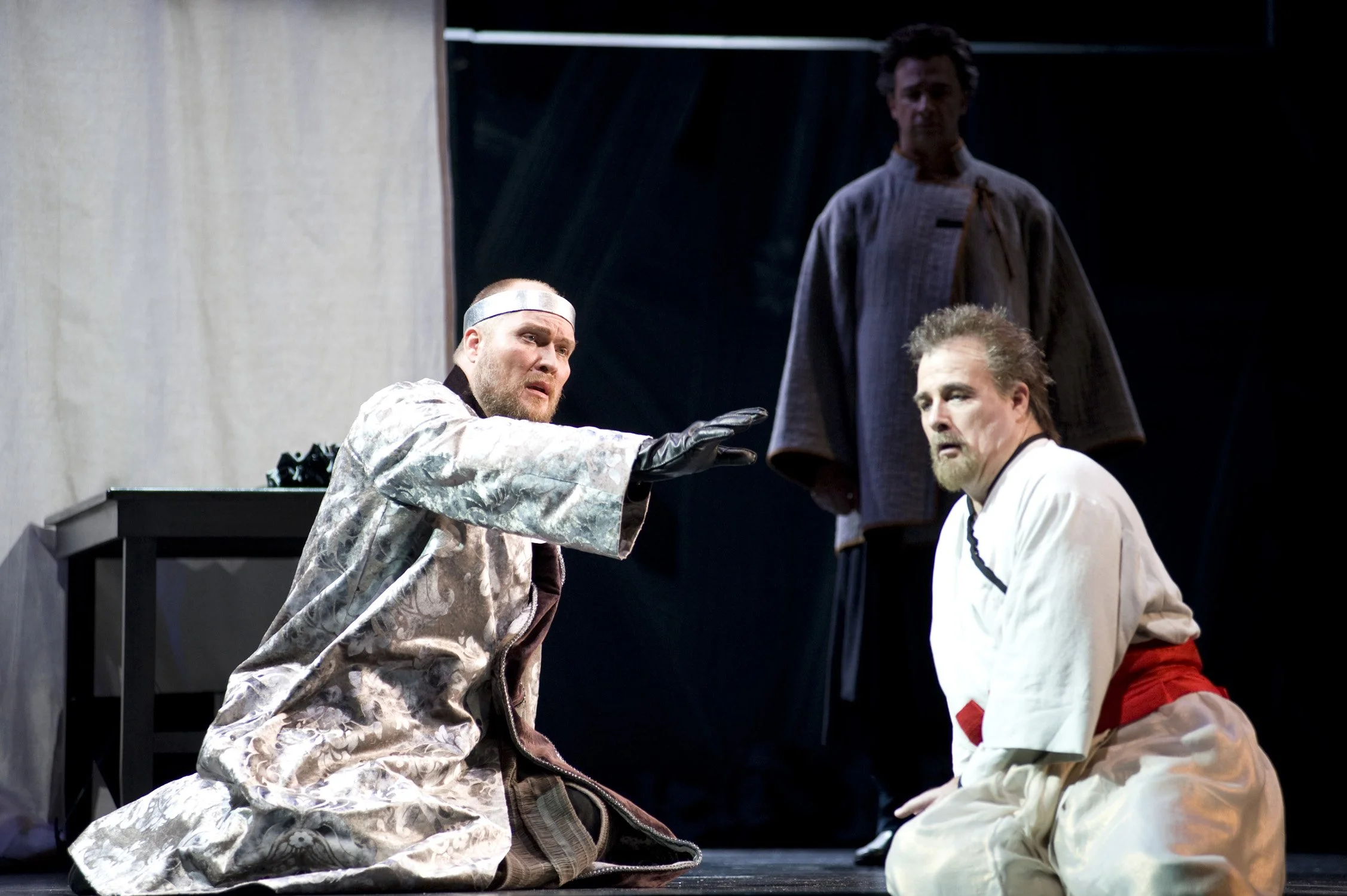 Stephen Milling (King Marke), Greer Grimsley (Kurwenal), and Clifton Forbis (Tristan) in Wagner's Tristan und Isolde, 2010. © Rozarii Lynch
