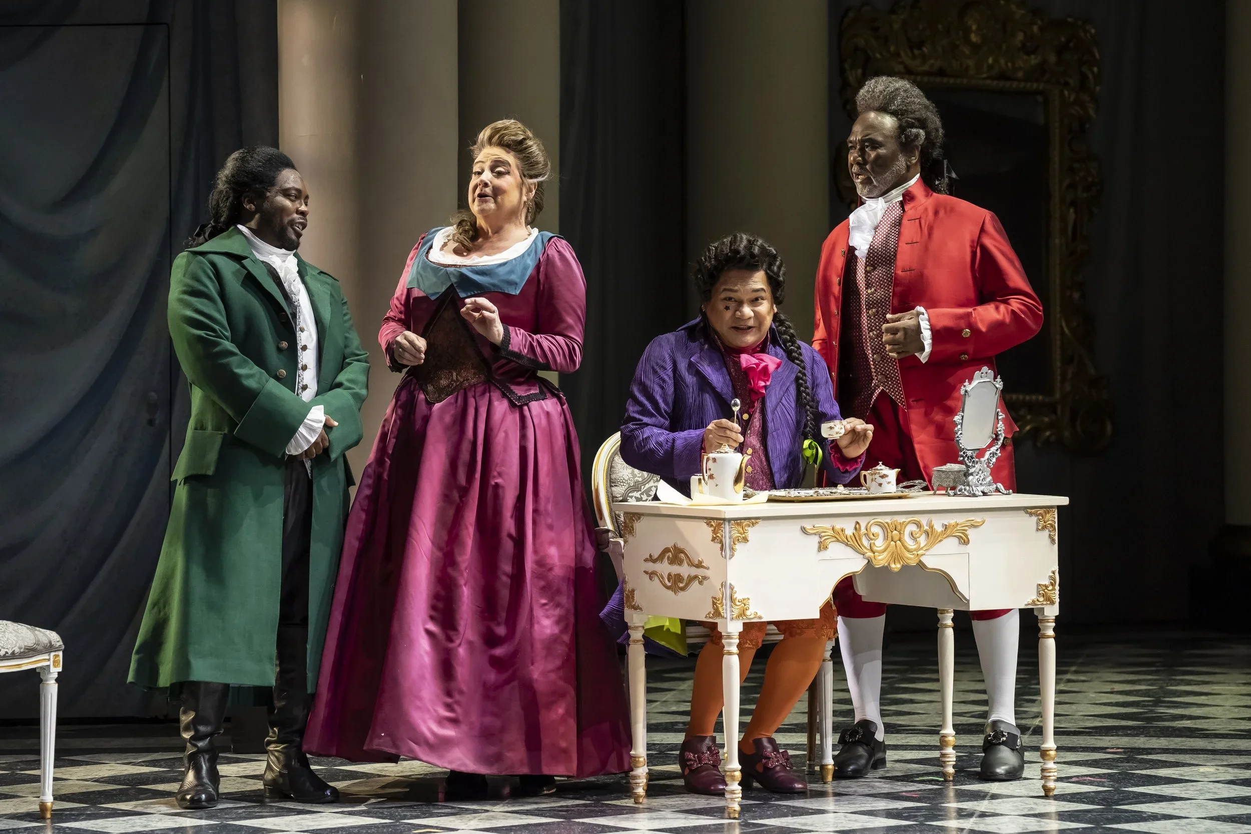 Count Almaviva (Will Liverman), plots with Marcellina (Elizabeth Bishop), Don Basilio (Rodell Rosel), and Dr. Bartolo (Sir Williard White). Photo by Scott Suchman; courtesy of Washington National Opera.
