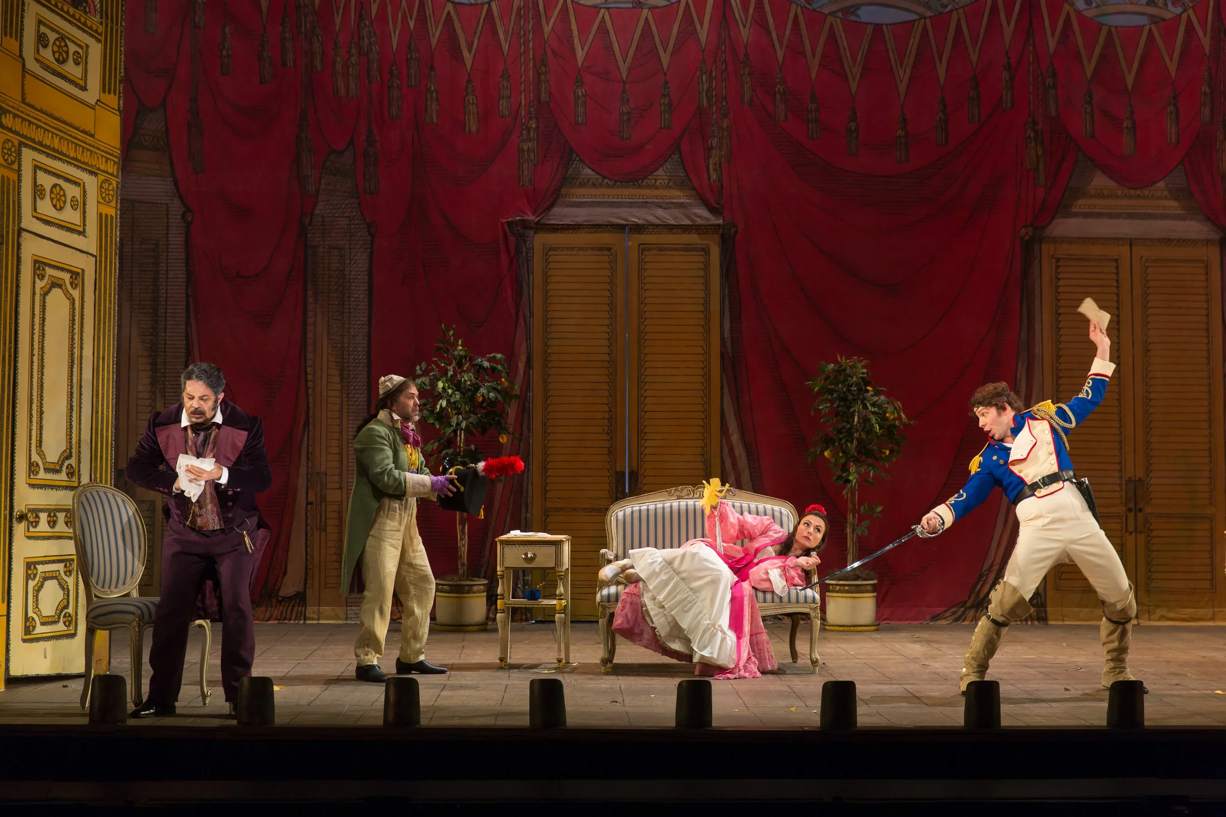 Dr. Bartolo (Paolo Bordogna), Ambrogio (Matthew Pauli), Rosina (Isabel Leonard), and Almavira (Taylor Stayton). Photo by Scott Suchman; courtesy of Washington National Opera.