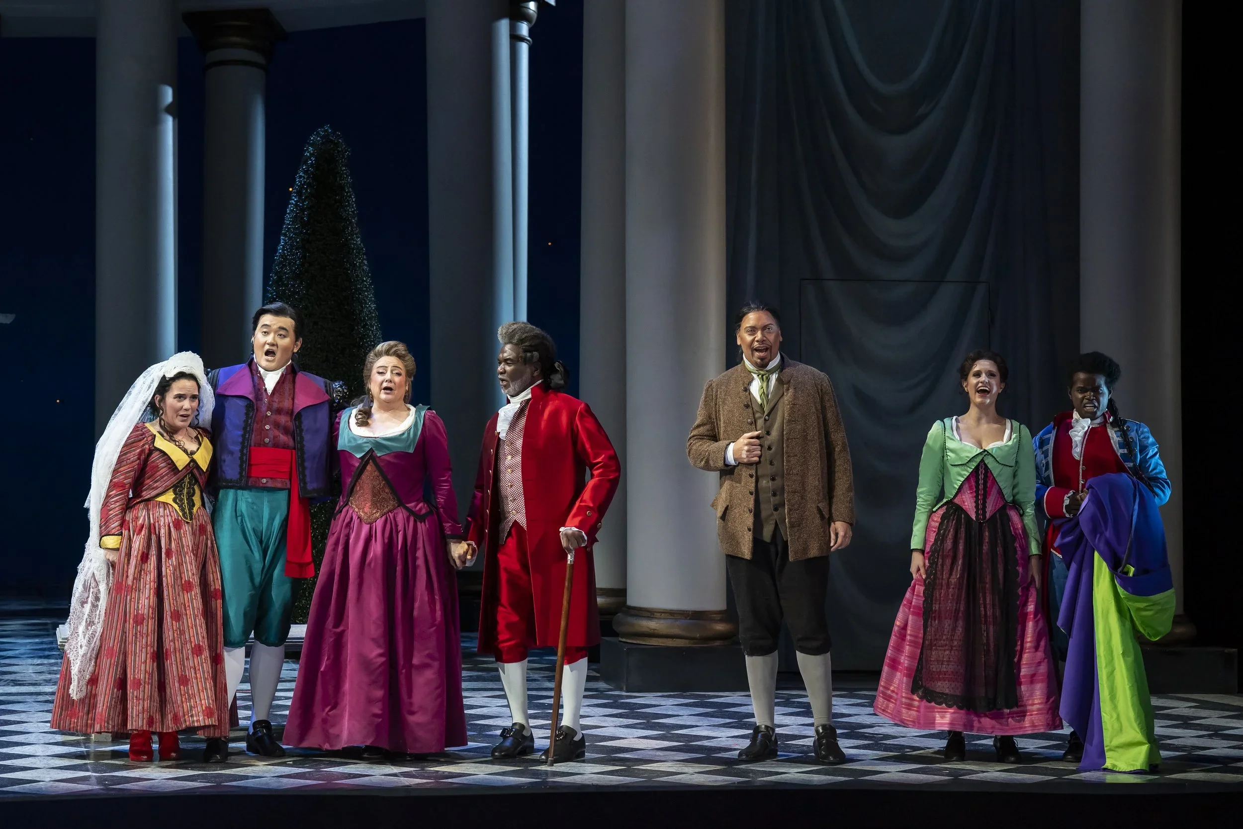 An ensemble number sung by Susanna (Joélle Harvey), Figaro (Le Bu), Marcellina (Elizabeth Bishop), Dr. Bartolo (Sir Willard White), Antonio (Kevin Thompson), Barbarina (Lauren Carroll), and Cherubino (John Holiday). Photo by Scott Suchman; courtesy o