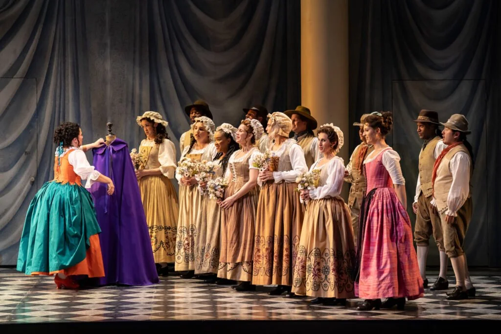 Left to Right: Yaritza Véliz as Susanna, the Washington National Opera Chorus, and Lauren Carroll as Barbarina
