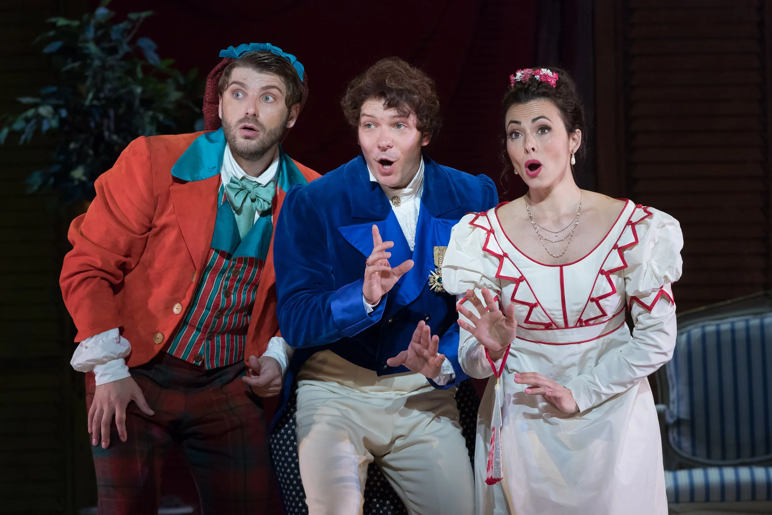 Figaro (Andrey Zhilikhovsky), Almaviva (Taylor Stayton), and Rosina (Isabel Leonard). Photo by Scott Suchman; courtesy of Washington National Opera.