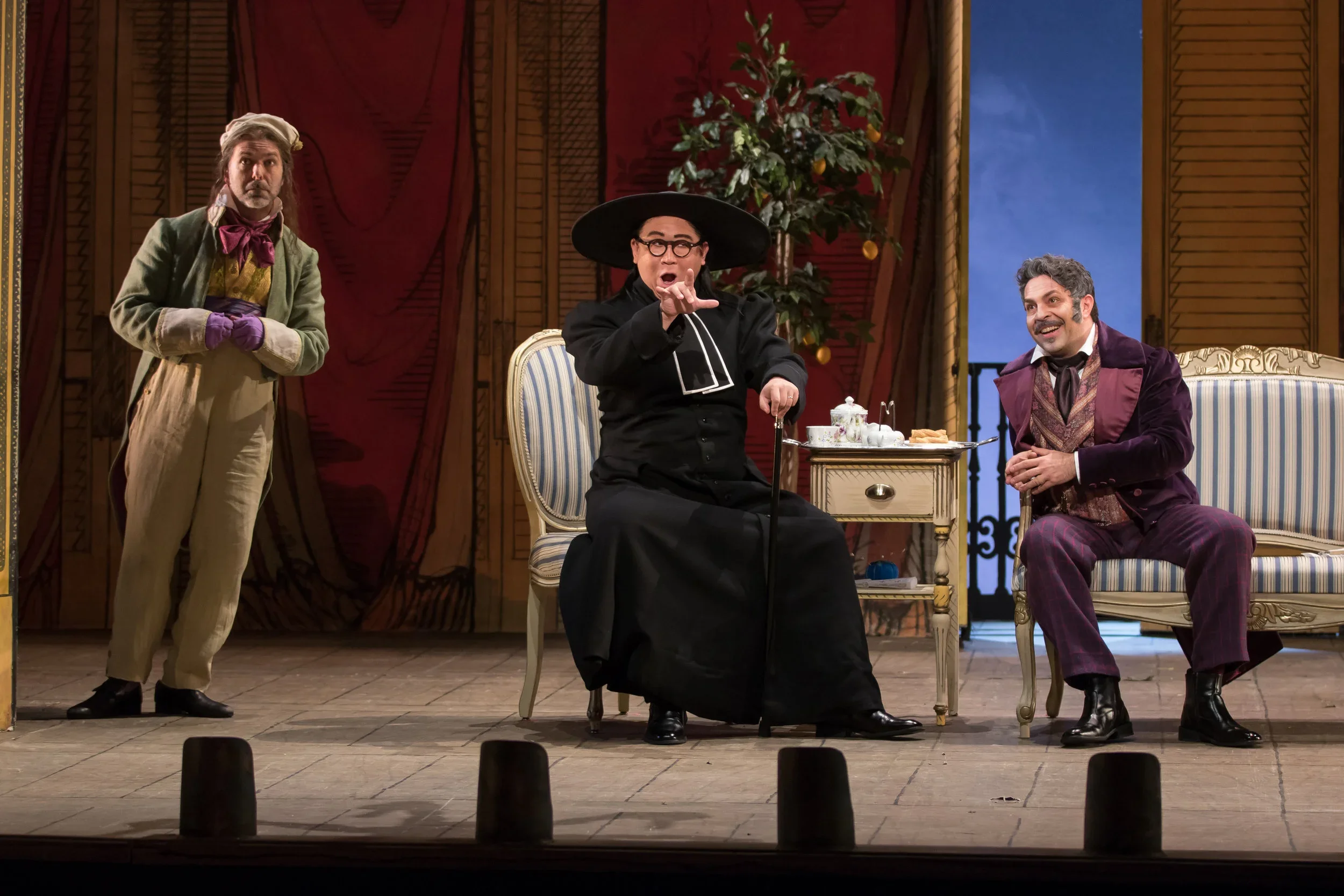 Ambrogio (Matthew Pauli), Don Basilio (Wei Wu), and Paolo Bordogna (Dr. Bartolo). Photo by Scott Suchman; courtesy of Washington National Opera.