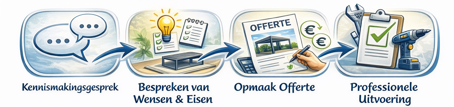 Stapsgewijze illustratie van het proces: kennismakingsgesprek, bespreken van wensen en eisen, opmaken van offerte en professionele uitvoering.