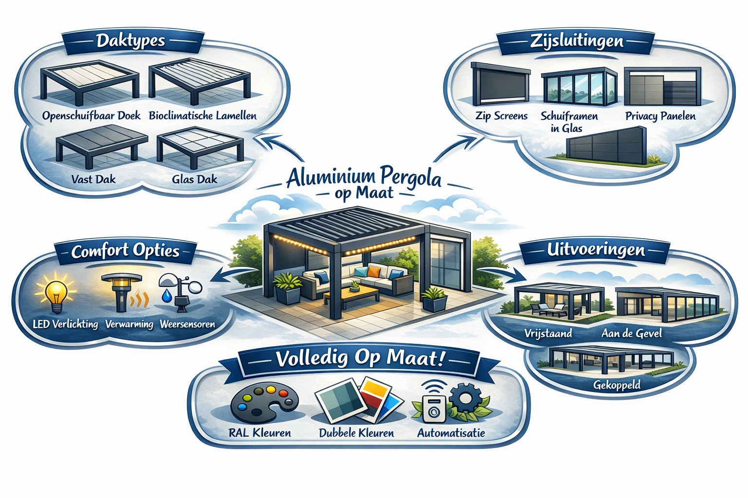Een infographic over aluminium pergola's met opties voor daktypes, zijopeningen, comfortopties, uitvoeringen en maatwerk. Bijvoorbeeld open of gesloten daken, privacy panelen, LED-verlichting, verwarming, weersensoren en verschillende kleurstellingen.