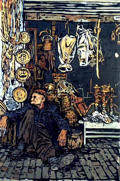 "Copper Shiner" 120x80cm Acrylic on Canvas, 2001 from Series of WORKERS OF ARMENIAN DISTRICT IN LEBANON, Exhibited at IAEA Art Club, United Nations Building , Vienna Austria 2004