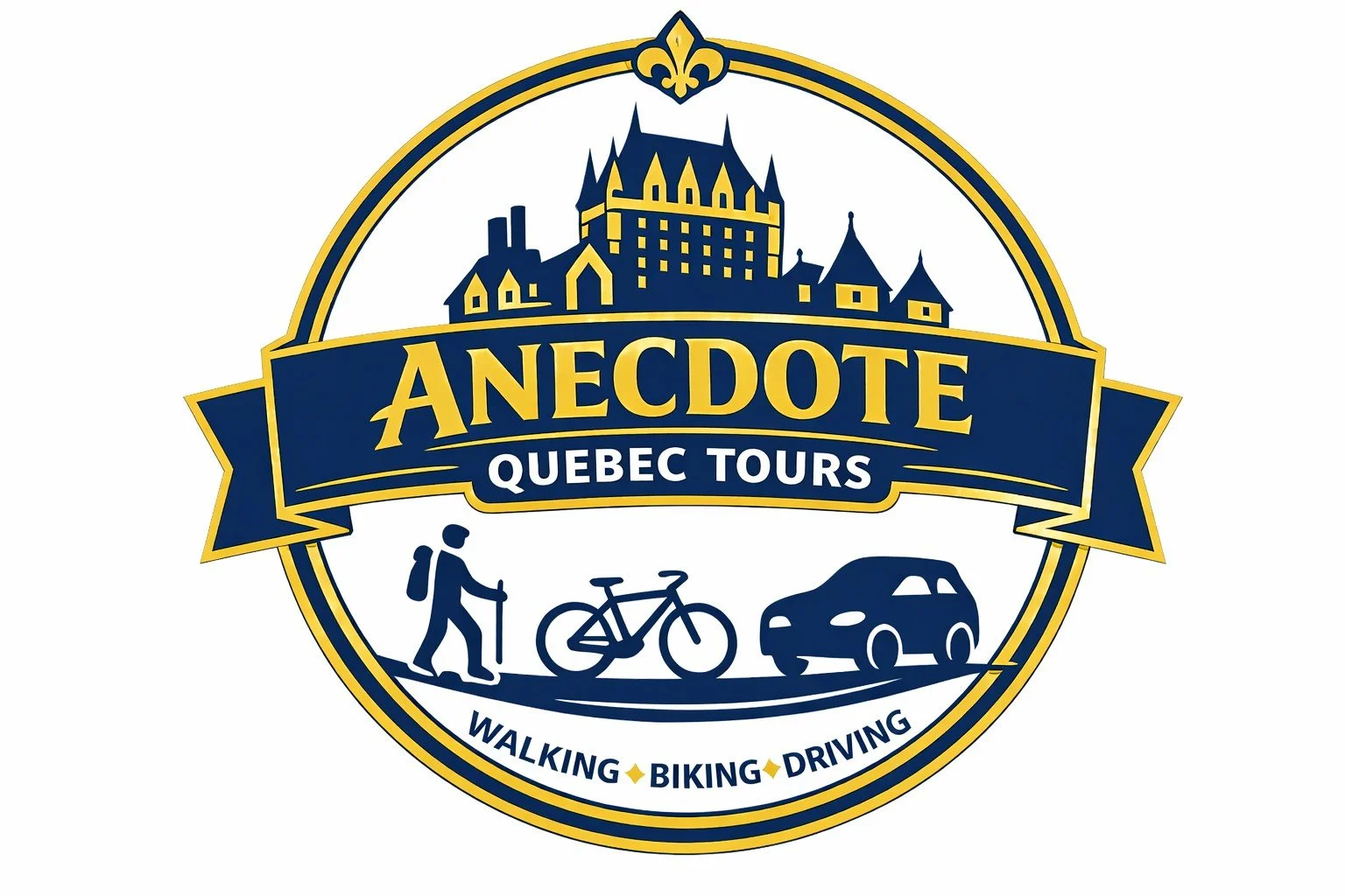 Logo for Anecdote Quebec Tours featuring a castle silhouette at the top, a walking person with a backpack, a bicycle, and a car, with the words "Anecdote Quebec Tours" and menu options for walking, biking, and driving.