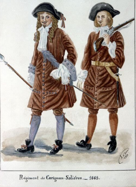 Two men from 1665 dressed in period military uniforms, one holding a spear and the other holding a musket, standing side by side.