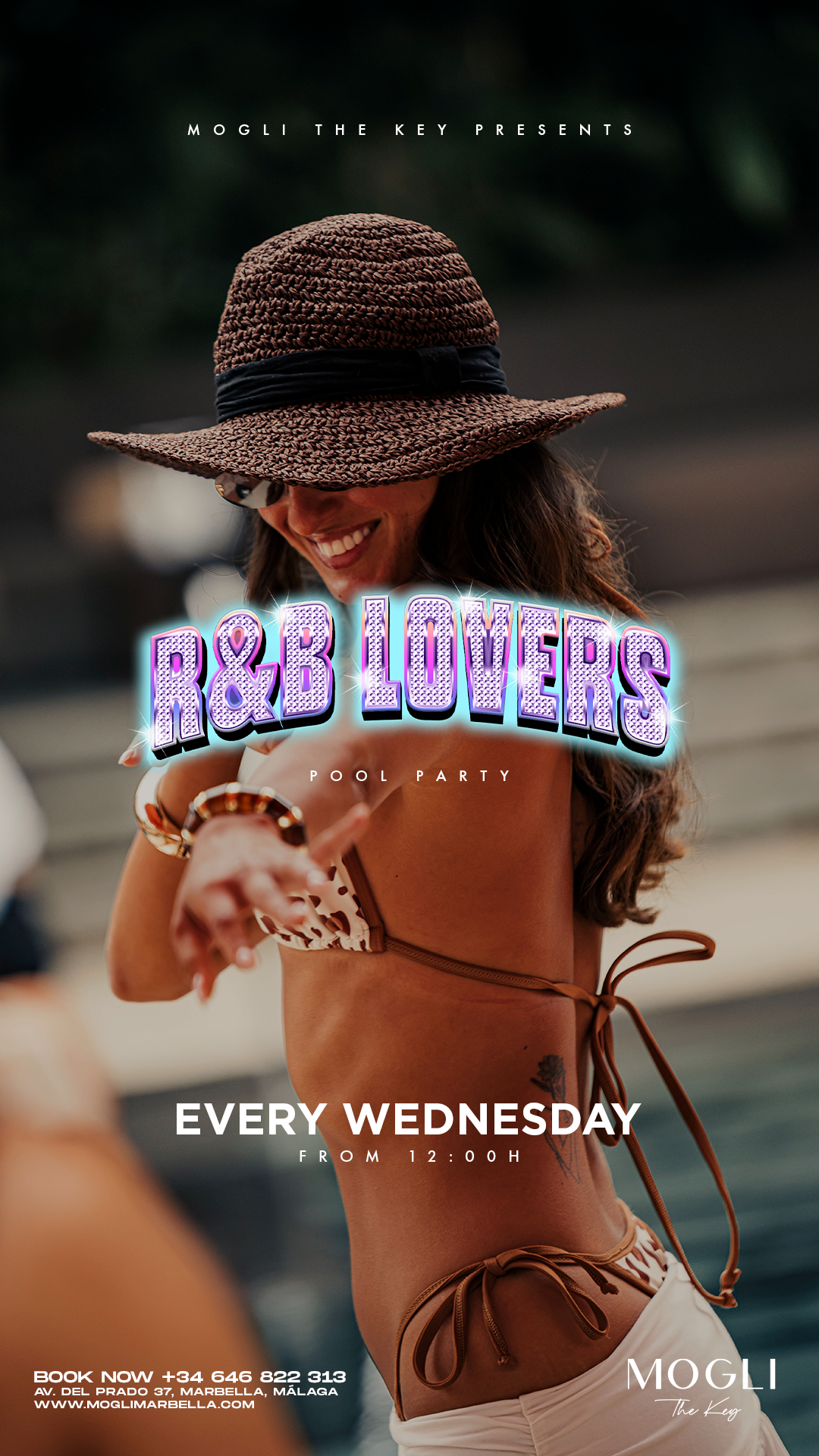 Woman in bikini and large straw hat smiling at pool party with text overlay advertising R&B lovers pool party every Wednesday starting at 12:00 PM at Mogli Marbella in Marbella, Málaga.