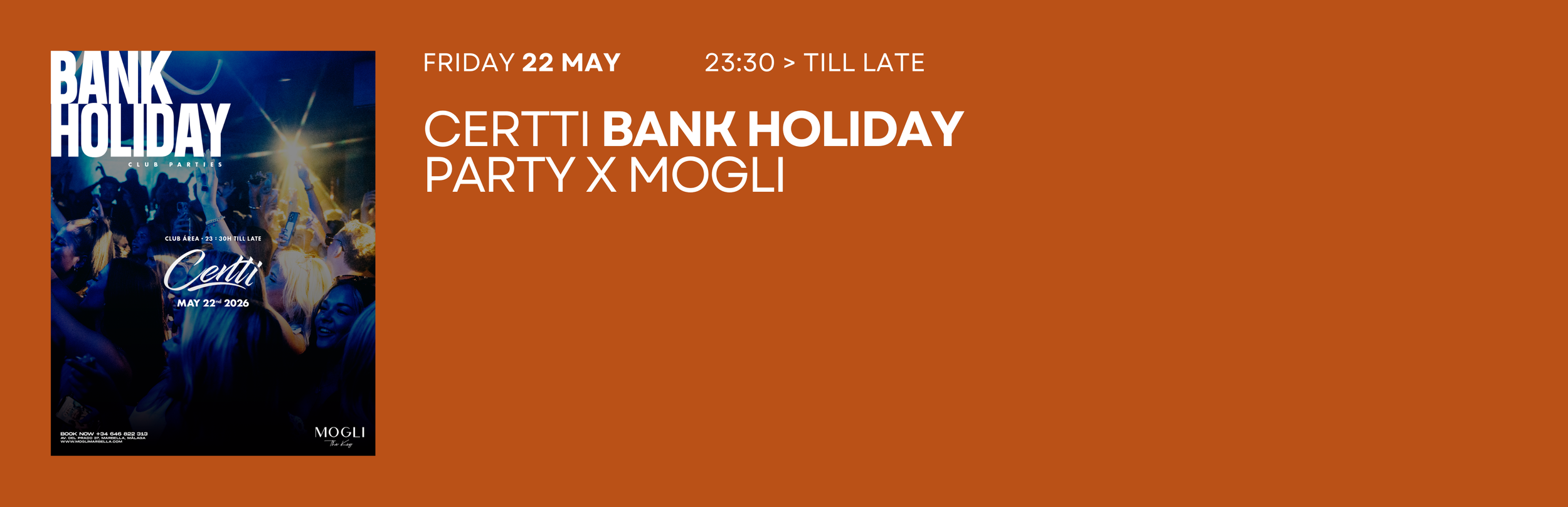 Event flyer for a party at Certti Bank Holiday featuring DJ Mogle, with a background image of a crowded dance club scene with people dancing and colorful stage lighting.