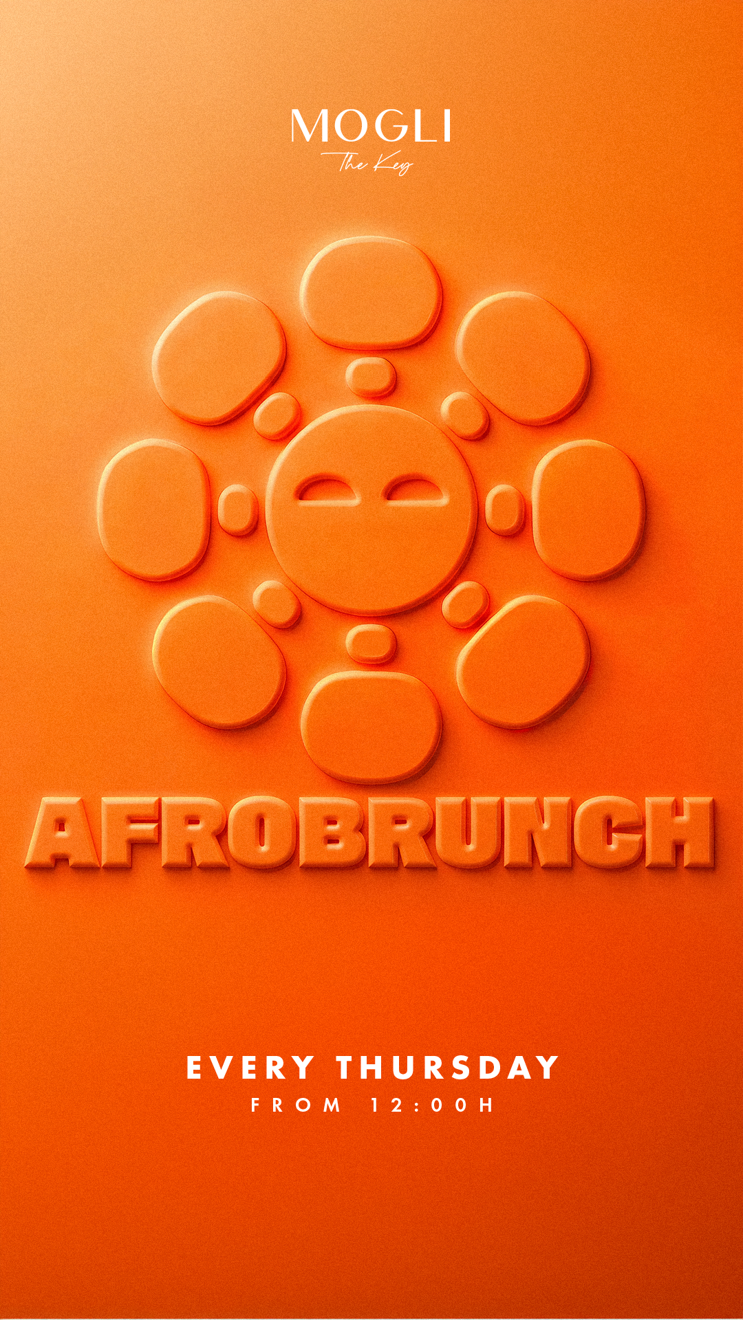Orange background with a stylized, 3D vinyl record graphic and the text "Mogli The Key" and "Afrobrunch". Below, it says "Every Thursday From 12:00H".