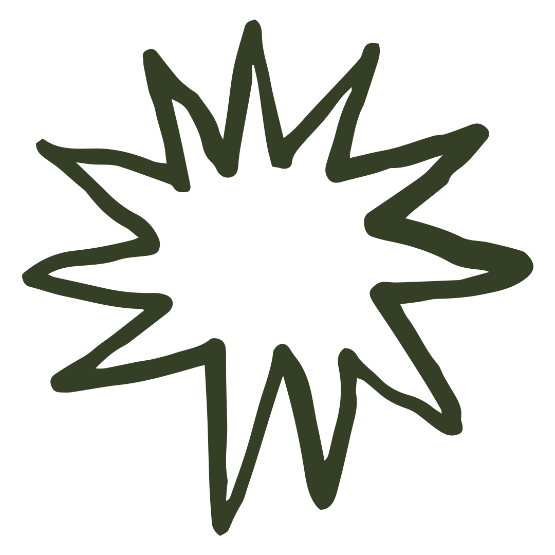 A dark green, jagged starburst outline on a white background representing change and possibility.