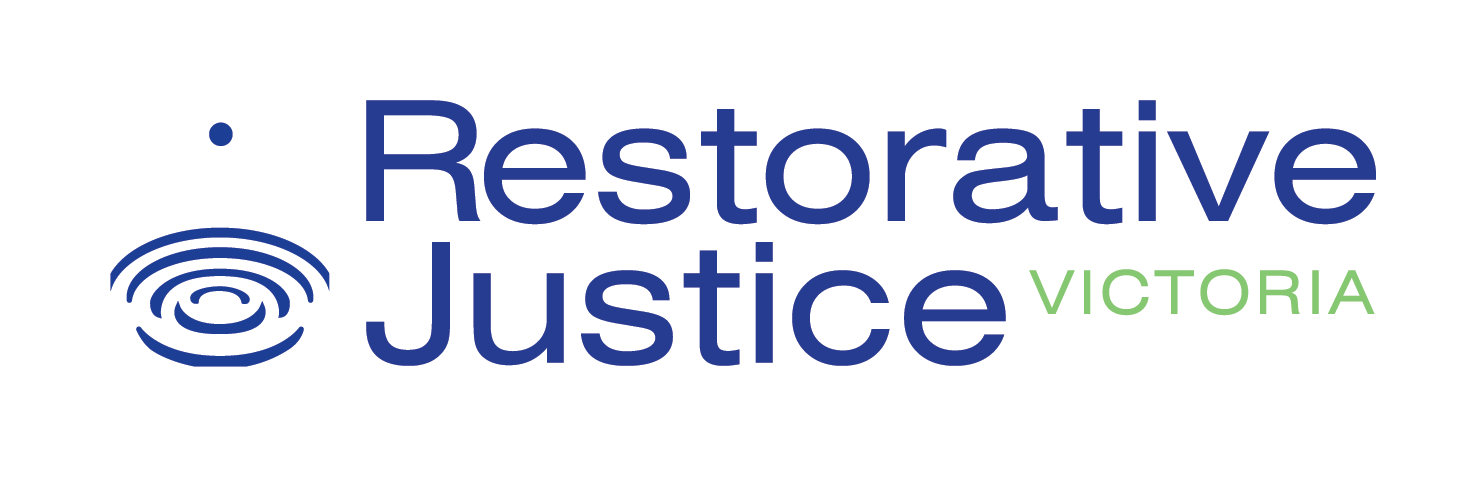 Logo for Restorative Justice Victoria with a blue ripple design and text in blue and green.