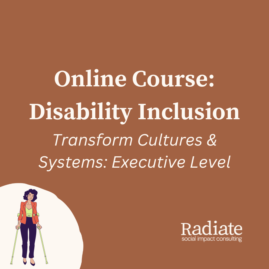 Online Course: Disability Inclusion - Transform Cultures & Systems at the Executive Level by Radiate; BIPOC woman in professional attire uses forearm crutches