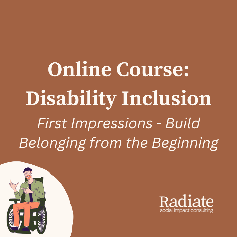 Online Course: Disability Inclusion - First Impressions: Build Belonging from the Beginning by Radiate; disabled wheelchair user icon with expressive hand gestures