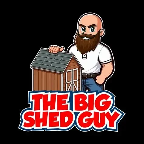 Cartoon illustration of a bearded man with a white shirt and blue jeans standing next to a small shed with a dark shingled roof. Below him is the text "The Big Shed Guy" in bold red and white letters.