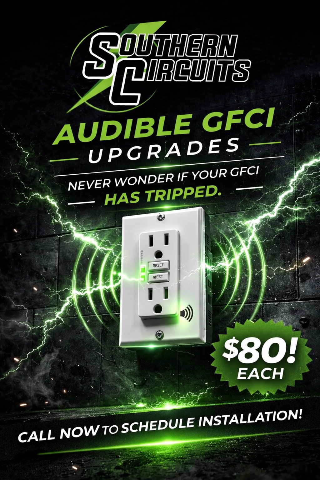 Advertisement for audible GFCI upgrades with a lightning background, a power outlet with a smart device, and a price of $80 each.