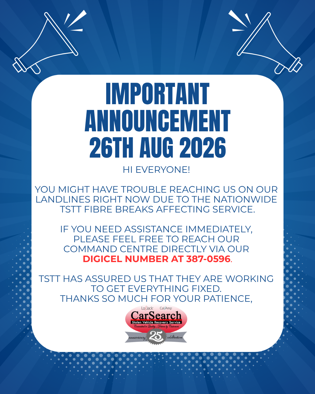 TSTT service disruption: 26-8-2026