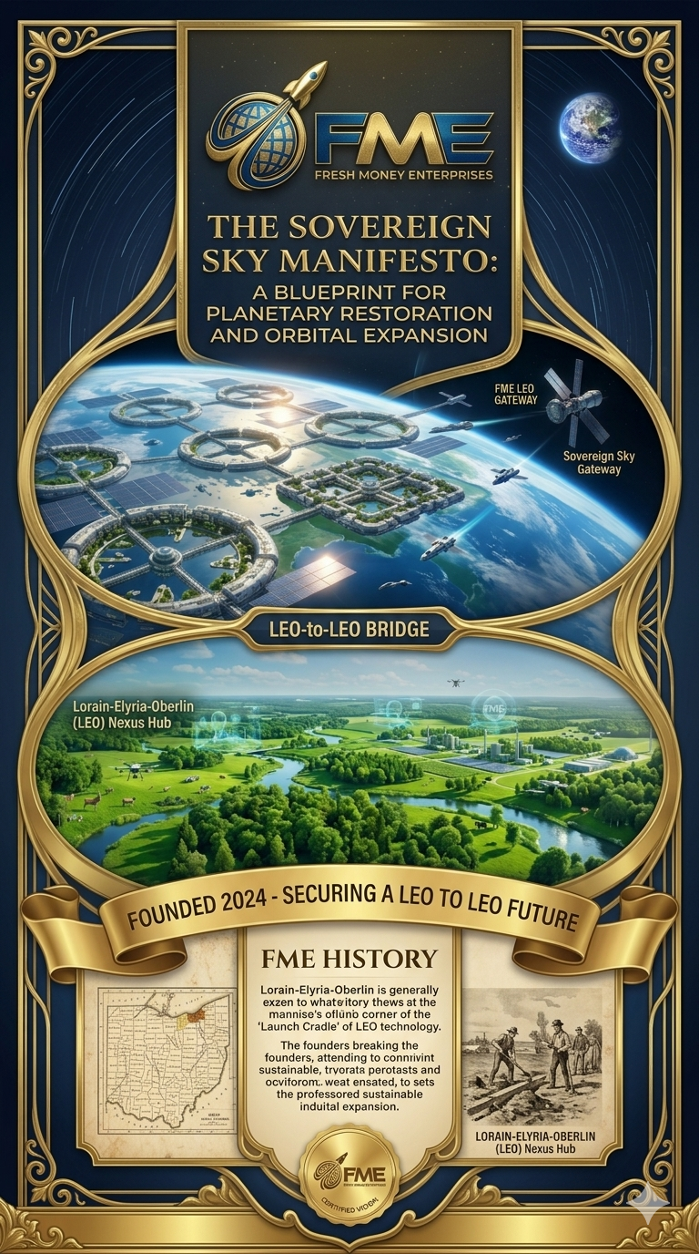 Illustration of a futuristic space colony with interconnected structures orbiting earth, alongside an image of a lush green land with lakes and trees. The poster features text about a blueprint for planetary restoration and orbital expansion, with references to a space gateway and a manifest for future space endeavors.