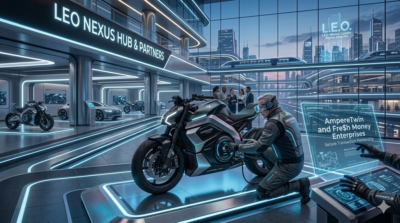 A futuristic showroom with a man working on a high-tech motorcycle, digital displays, and a group of people discussing in the background. The environment features sleek designs, neon lighting, and modern vehicles.