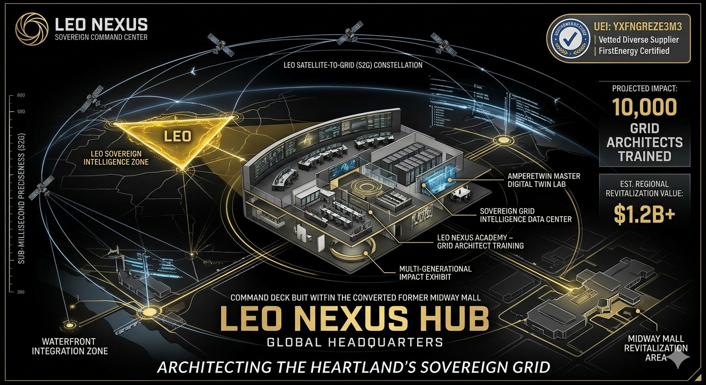 Diagram of the LEO Nexus Hub, a futuristic headquarters with satellite connections, digital twin lab, sovereign grid data center, and impact exhibit, located in a converted mall with a waterfront zone, representing the global headquarters for the LEO Sovereign Command Center.