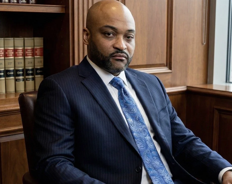 Man in dark blue pinstripe suit and paisley tie sitting at a wooden desk in a law office.