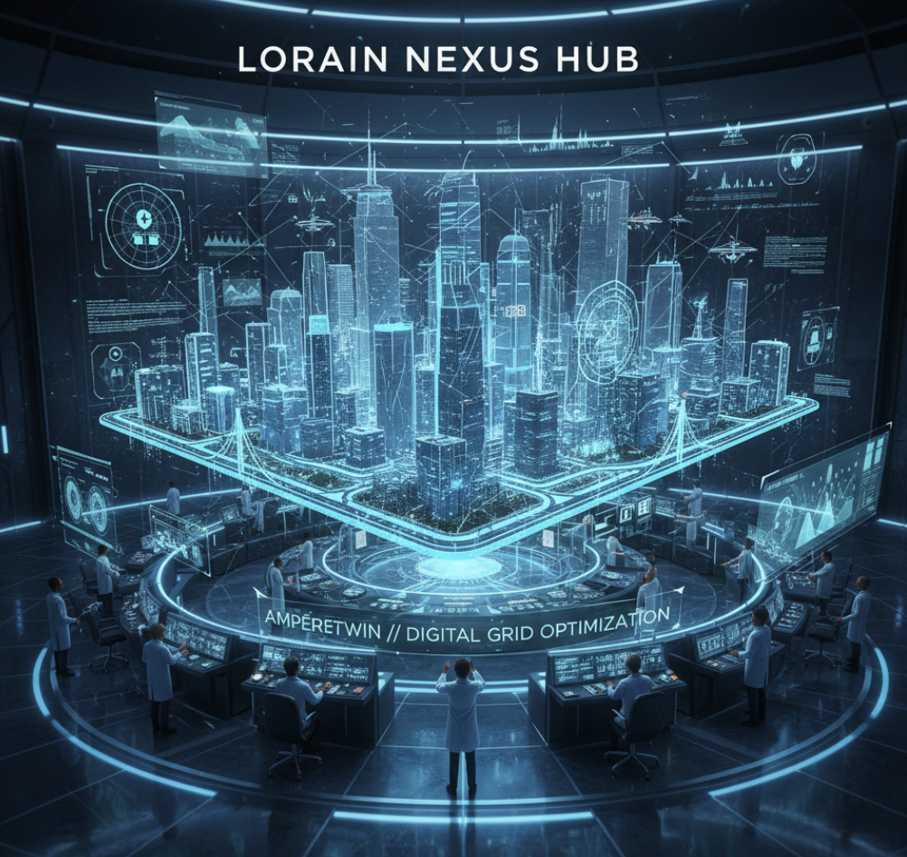 A high-tech digital control center with a holographic city skyline projection, labeled 'Lorain Nexus Hub' with panels displaying graphs and data, and scientists or engineers working at consoles around a circular arrangement.