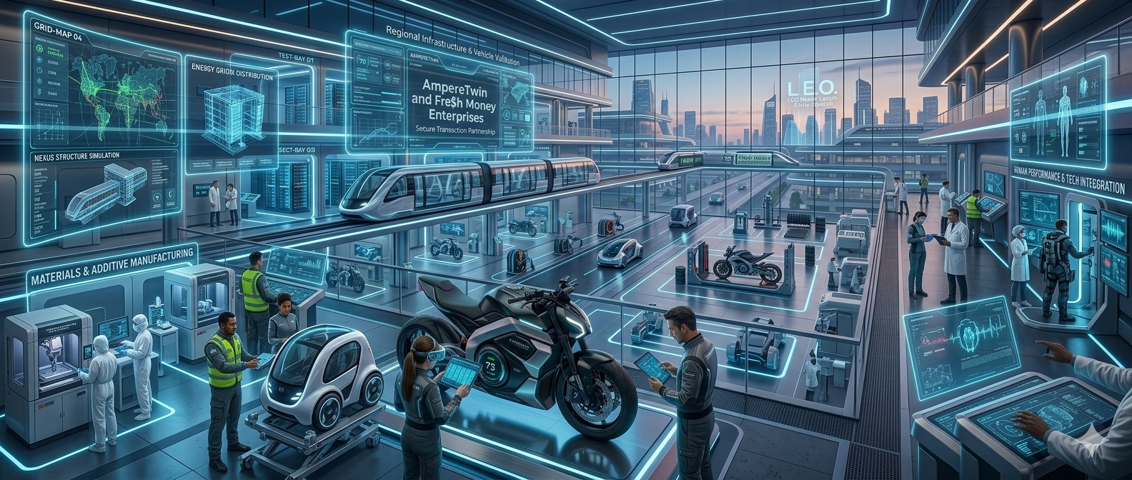Futuristic advanced vehicle testing laboratory with autonomous vehicles, motorcycles, and scientific displays on holographic screens.