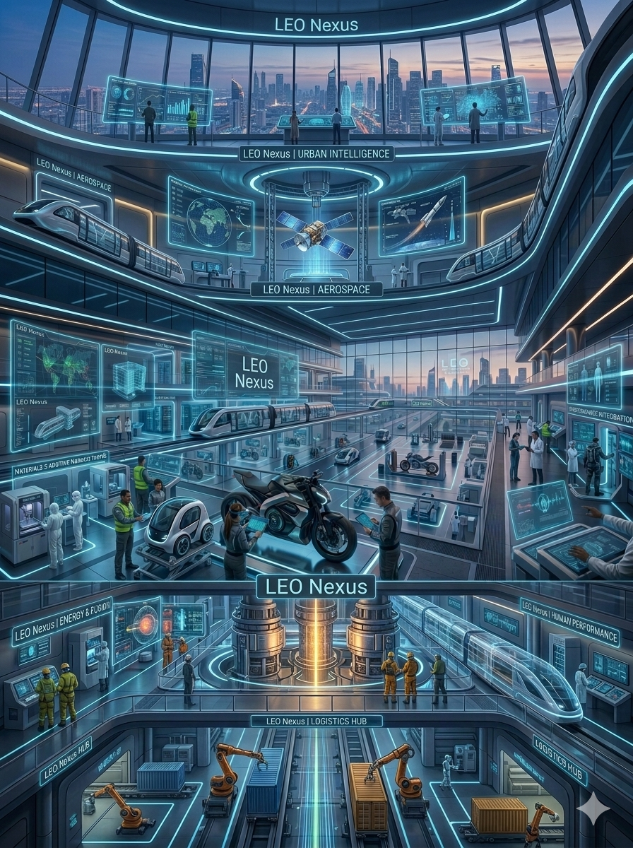 Futuristic high-tech control center with multiple levels showcasing urban intelligence, aerospace, and logistics operations, with holographic screens, autonomous vehicles, and robotic equipment.