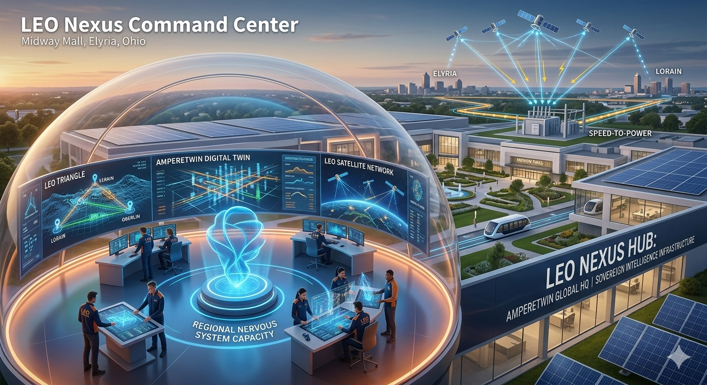 A futuristic digital control center showcases satellite networks over Ohio, with solar panels on rooftops and large display screens illustrating data and system capacities inside a transparent dome in Elyria.