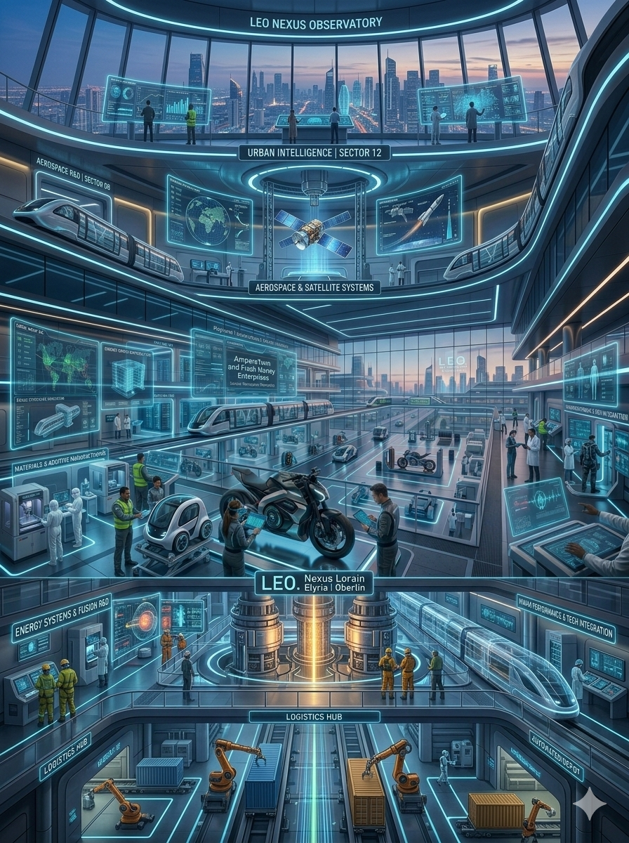 Futuristic skyscraper interior with multiple levels showcasing advanced aerospace, satellite systems, autonomous vehicles, and robotic manufacturing, all illuminated with blue neon lighting and digital displays.