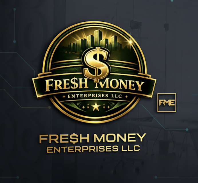 Logo for Fresh Money Enterprises LLC featuring a golden dollar sign, city skyline, and gold accents