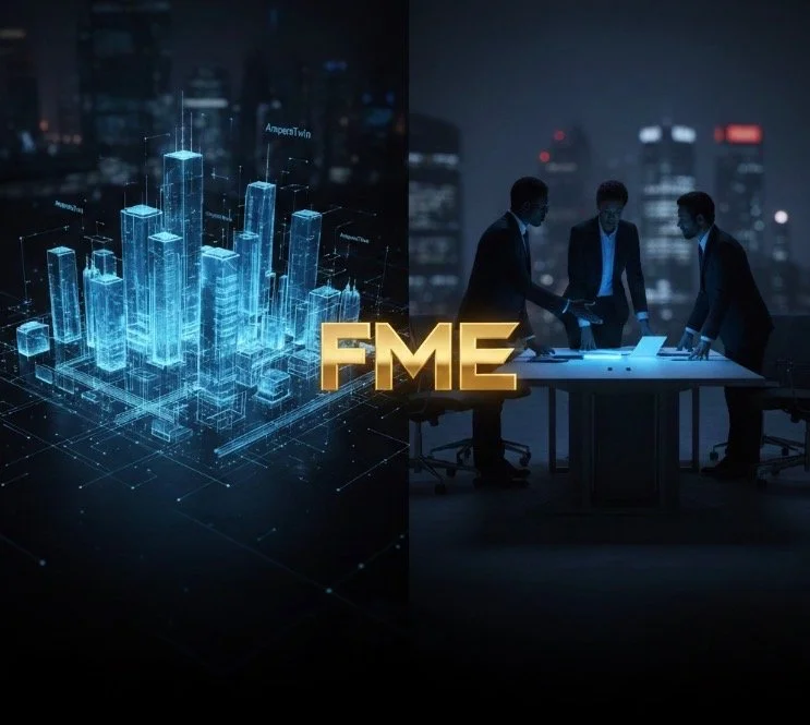 Graphic of a digital cityscape and a group of business professionals in a meeting, with the text 'FME' in the center.
