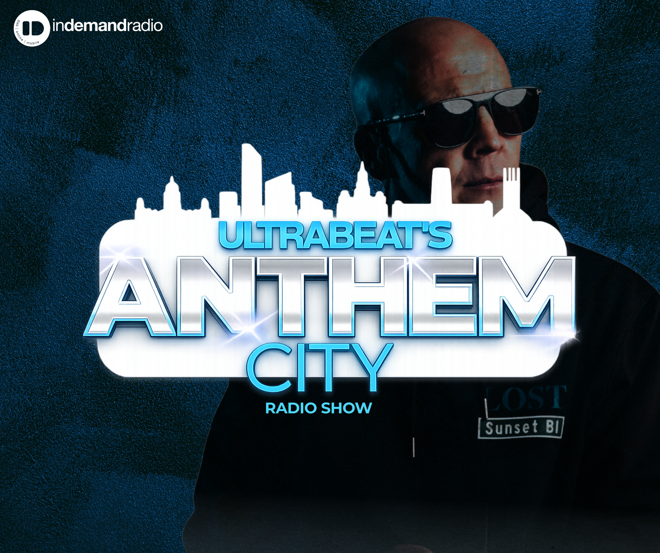 Promotional graphic for Ultrabeat's 'An Anthem for the City' radio show, featuring a person wearing dark sunglasses and a dark jacket against a blue textured background, with a stylized city skyline and text.