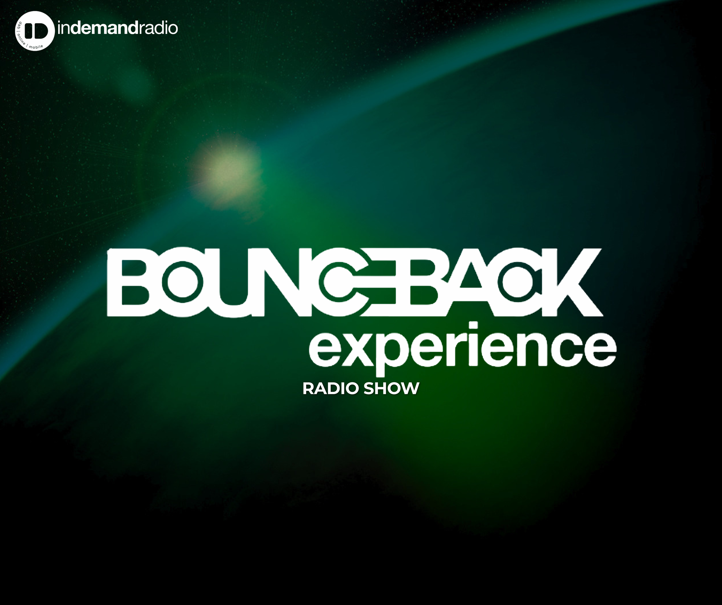 Green and black abstract background with the text 'Welcome back' and 'experience' in white letters and the logo of Indemand Radio in the top left corner.