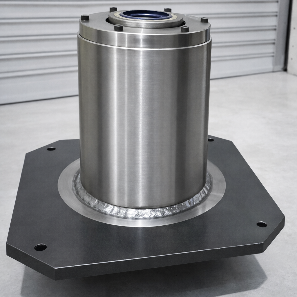 A large, polished metal cylindrical component mounted on a black base with a flange, set in an industrial or workshop environment.