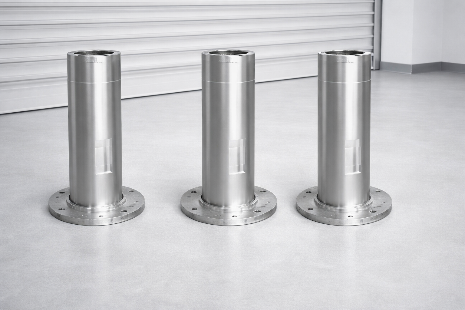 Three silver metal cylindrical posts with circular bases on a light gray floor in front of a white garage door.