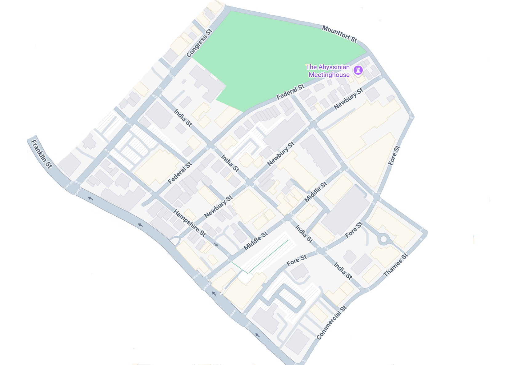 Map of a city block showing street names, parks, and landmarks including The Abyssinian Meetinghouse.