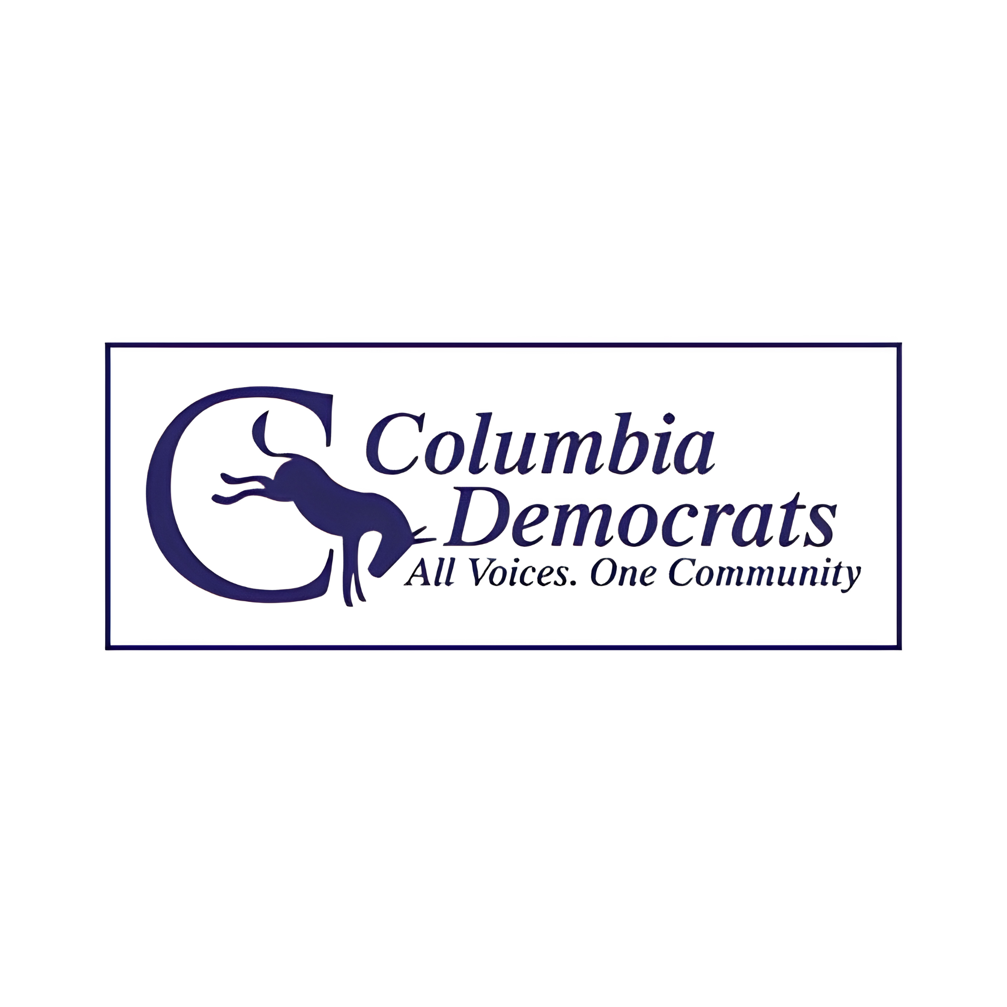 Close-up of a campaign sign for Columbia Democrats with slogan 'All Voices. One Community' in blue text and a stylized blue eagle logo.