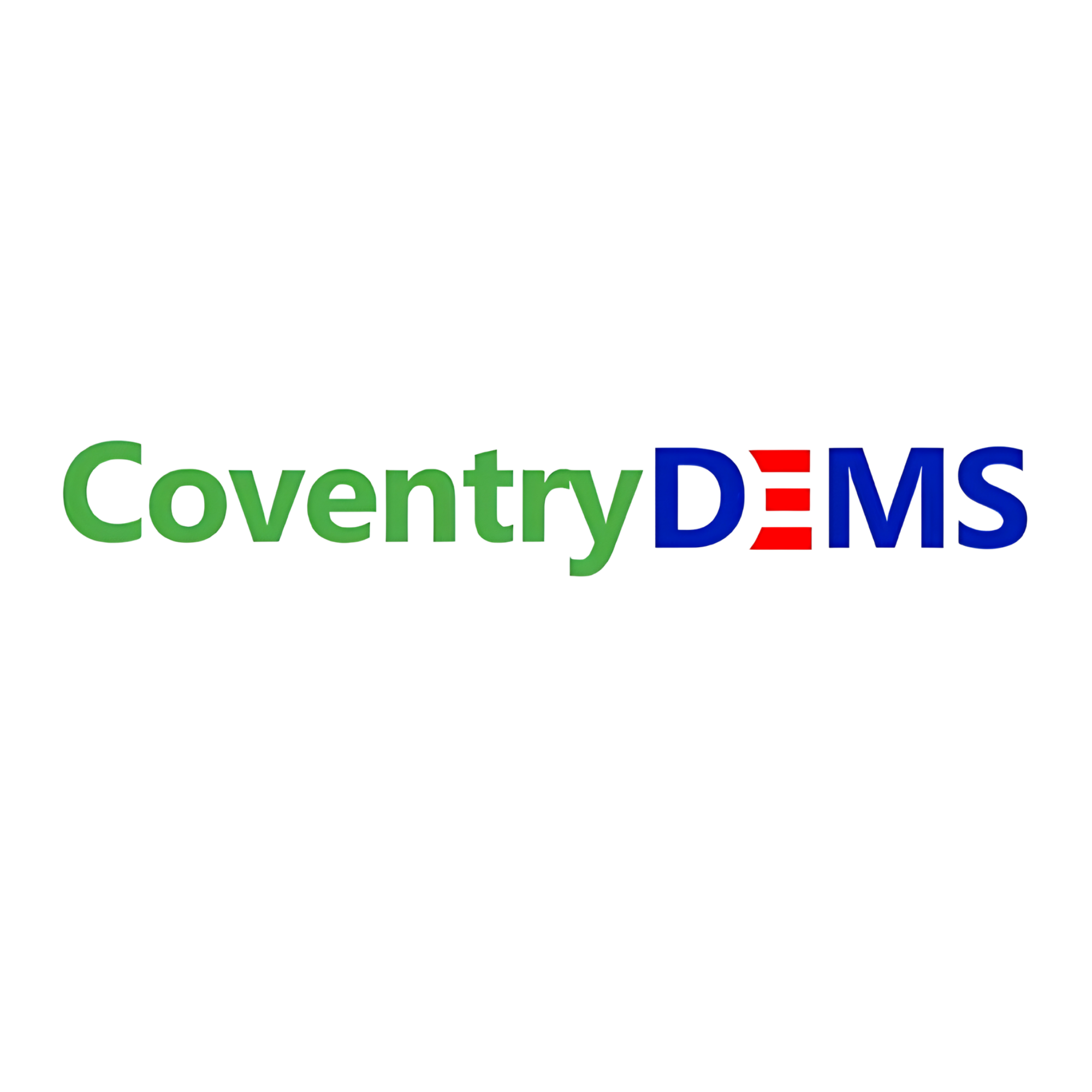 3D colorful text reading 'CoventryDems' with the 'Dems' part in red and blue, set against a black background.