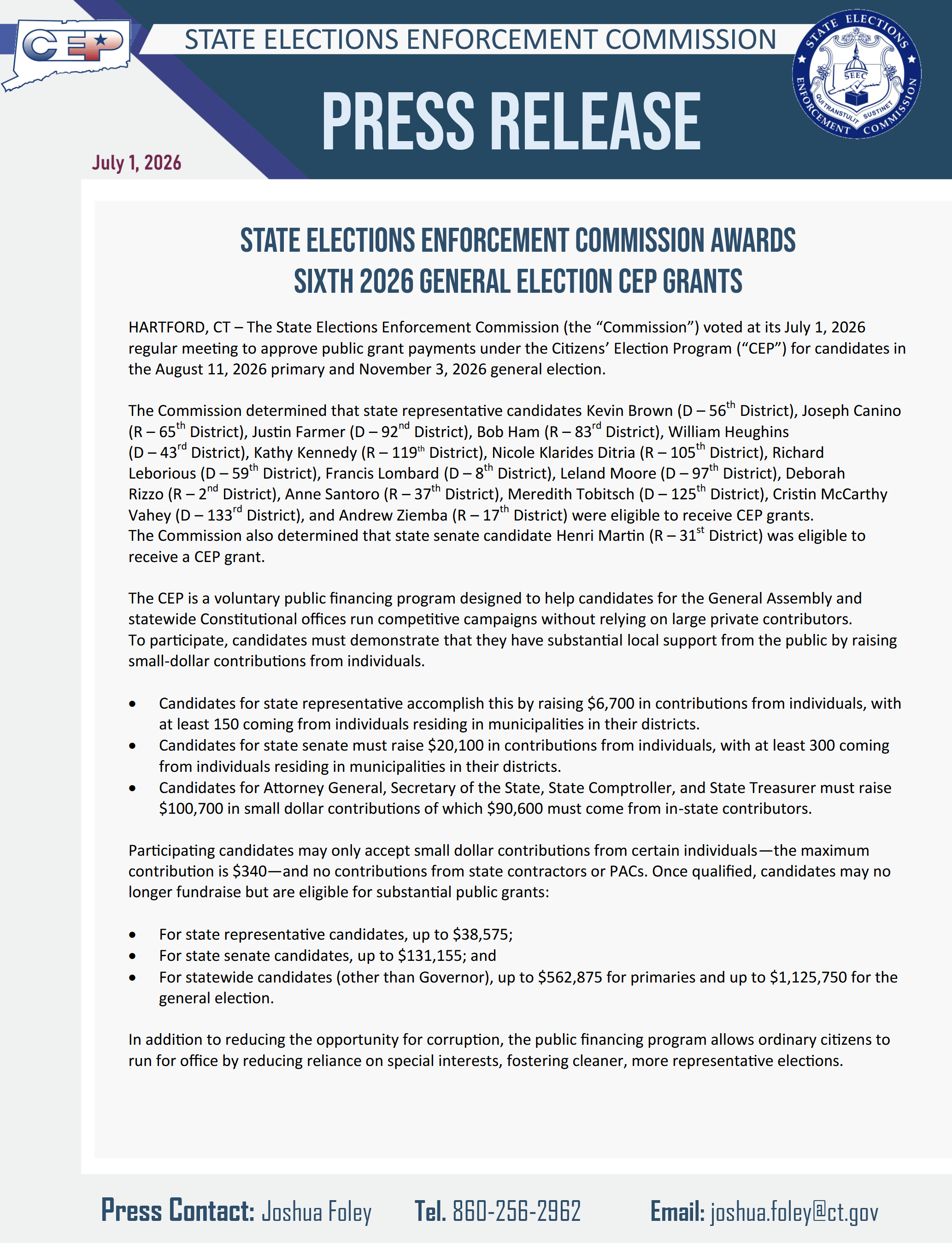 Press release from the Connecticut State Elections Enforcement Commission dated July 1, 2026, announcing awards of grants for candidates in the 2026 election cycle, including details on candidate eligibility and contribution limits.