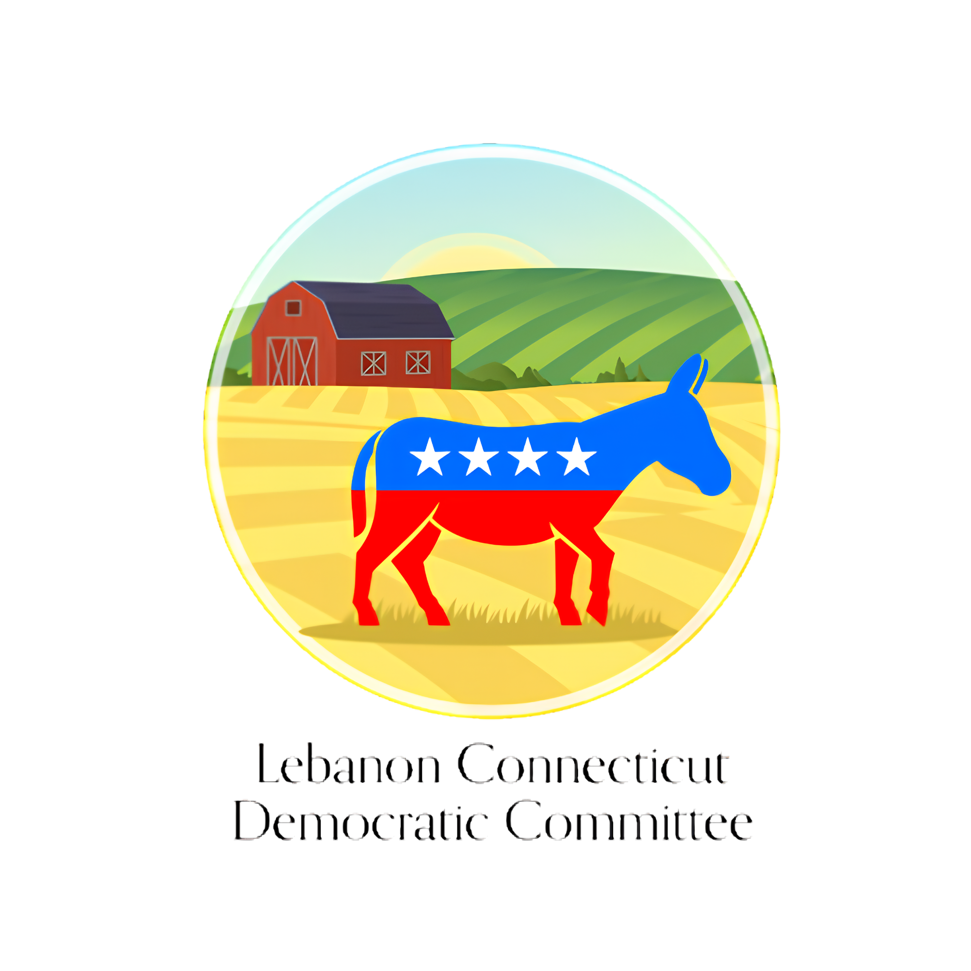 A graphic with a red cow silhouette wearing a blazer with the American flag design, standing in front of a yellow field, green hills, and a blue sky with a sunrise or sunset.