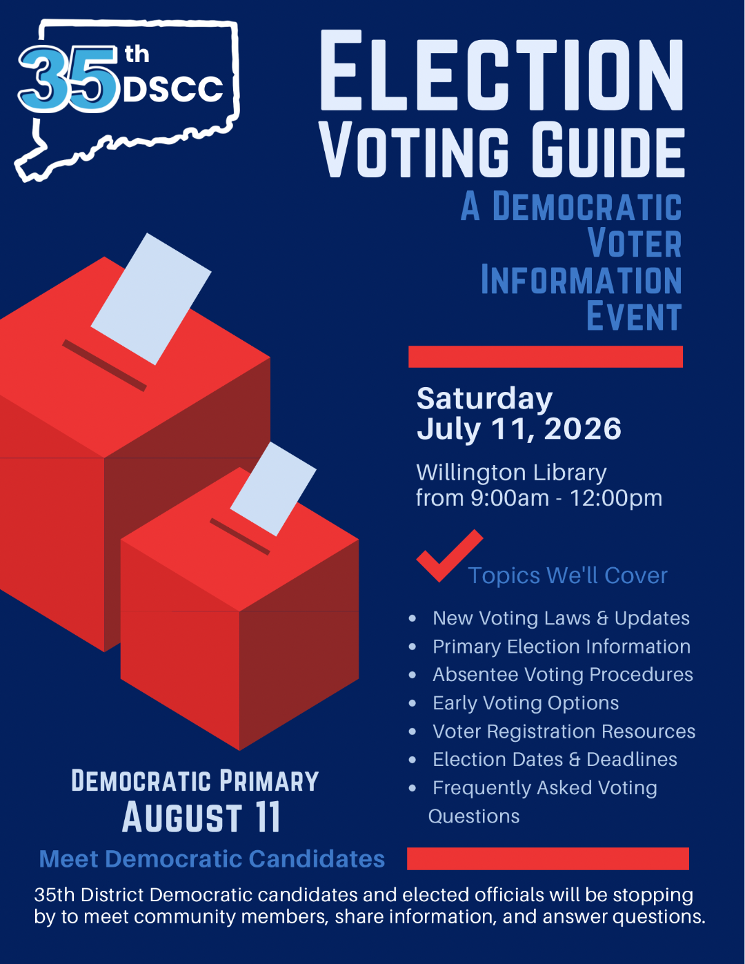 Flyer for the 35th District Democratic Candidate Election Voting Guide event on Saturday, July 11, 2026, at Willington Library from 9:00am to 12:00pm. Features an illustration of two red voting booths with ballots being inserted. Includes details about topics covered such as voting laws, election information, and candidate meetings.