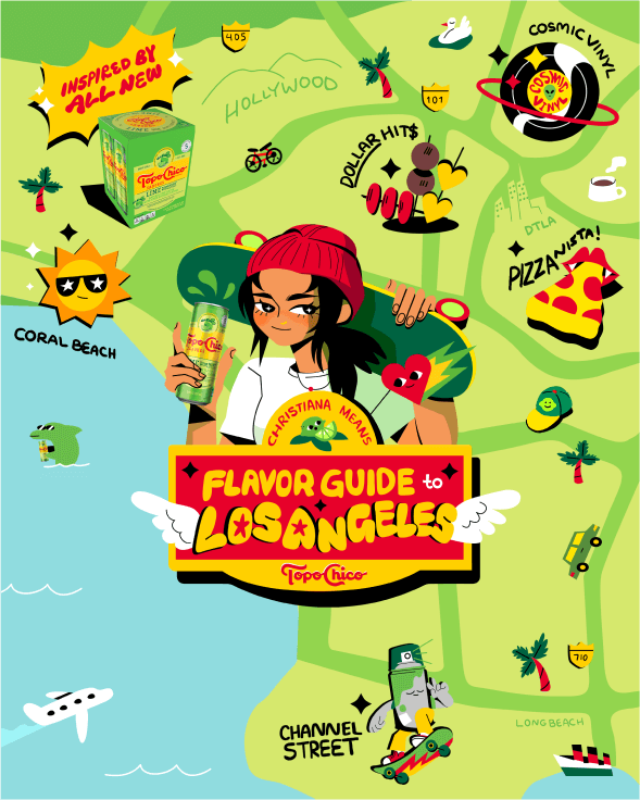 Colorful cartoon map of Los Angeles featuring a central character holding a Topo Chico sparkling water, with landmarks like Hollywood, Universal City, and Long Beach, alongside icons of a plane, a donut, pizza slice, a spaceship, and various playful 