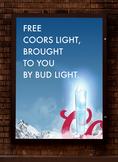 Digital advertisement for Coors Light featuring a polar bear holding a beer and mountain landscape, with text promoting free Coors Light from Bud Light.