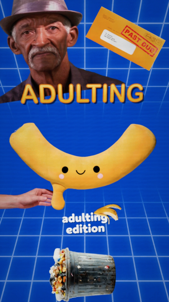 A man's face with a mustache and fedora hat in the top left corner, a yellow envelope marked PAST DUE in the top right corner, a smiling cartoon stomach with a cute face in the center, the word 'ADULTING' above it, the phrase 'adulting edition' below