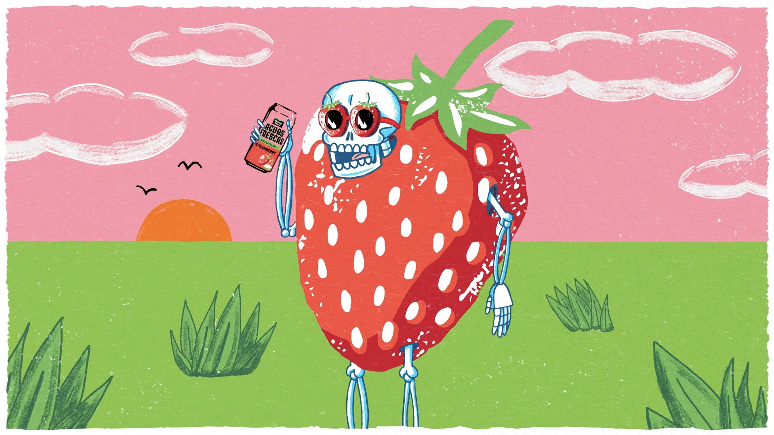 A cartoon skeleton with a strawberry body, wearing sunglasses and holding a strawberry juice box, standing on green grass with a pink sky, a setting sun, and a few clouds.
