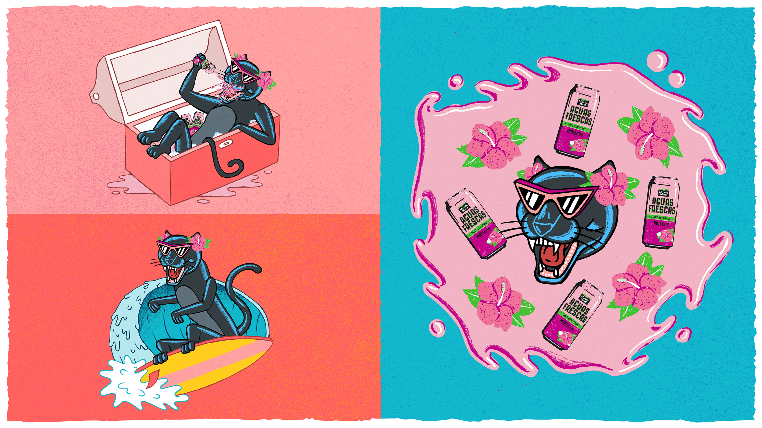 A digital illustration of a black panther relaxing inside an open cooler, riding a surfboard on water, and surrounded by hibiscus flowers and cans of juice, with bright, vibrant colors.