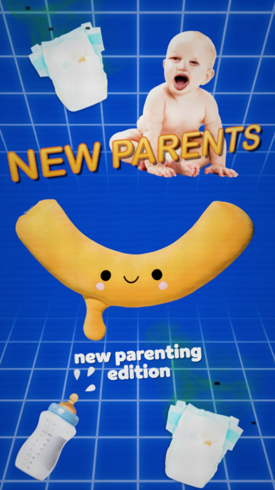 A cartoon-style baby with an open mouth, two diapers, a smiling crescent moon with a face, and baby bottles on a blue grid background with the text "NEW PARENTS" and "new parenting edition."